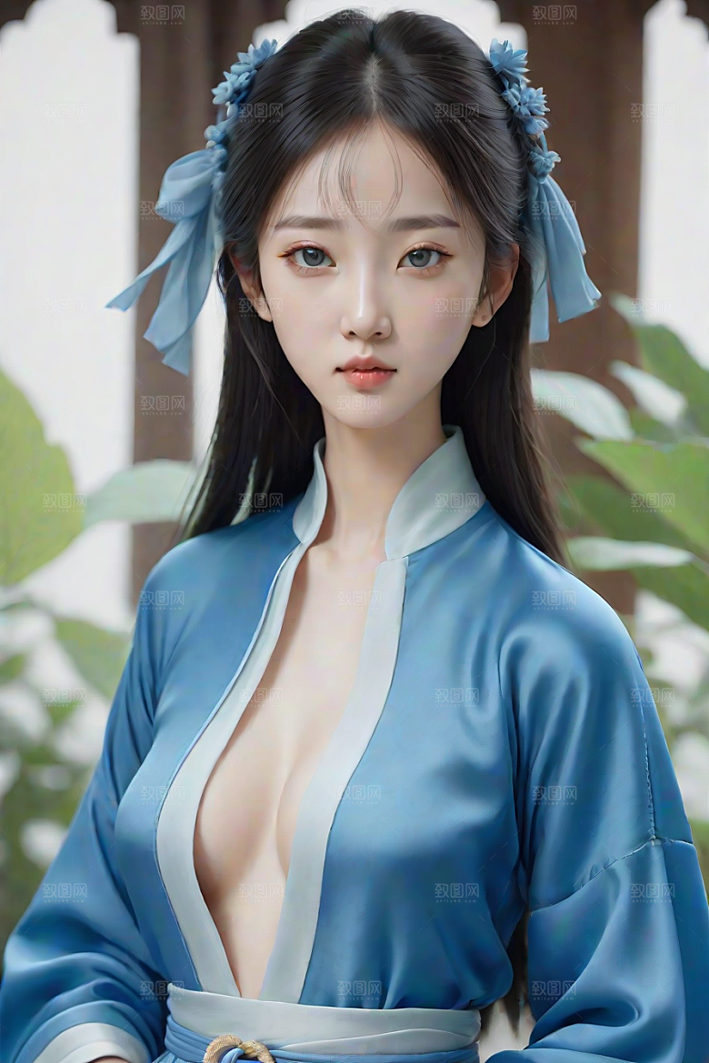 卡通风格渲染自然姿态的丝绸中国古典人物