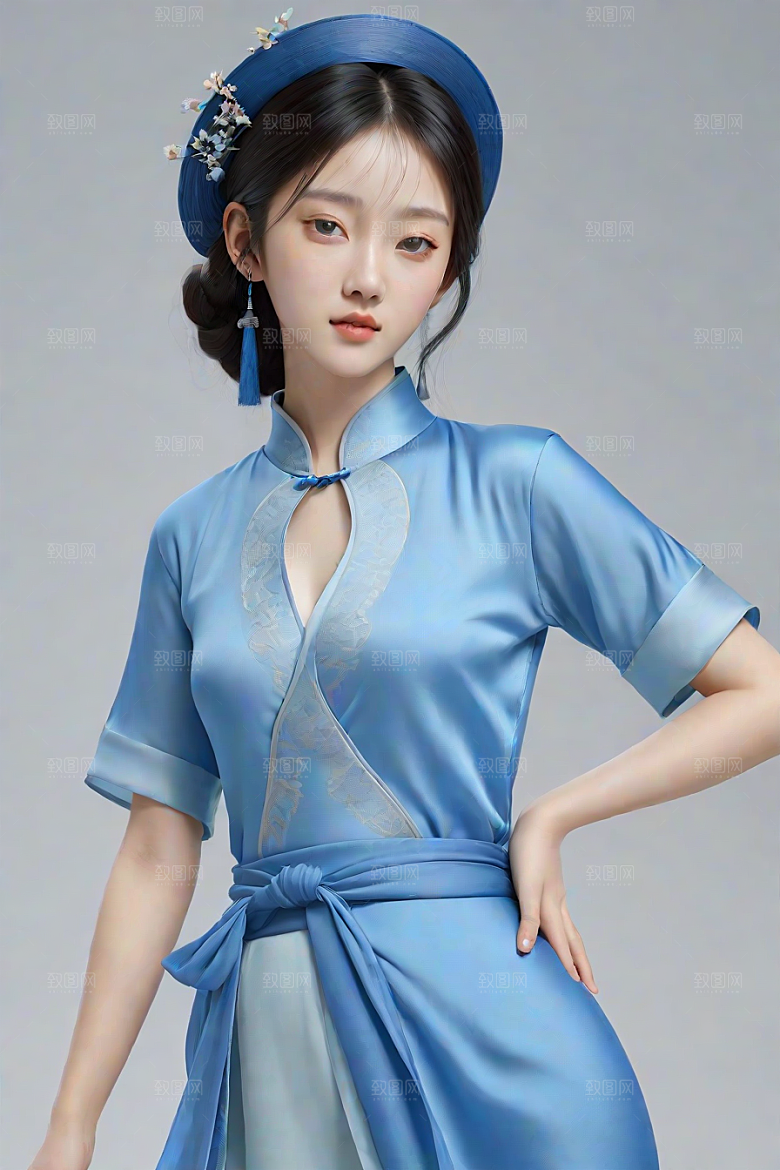 卡通风格渲染自然姿态的丝绸中国古典人物