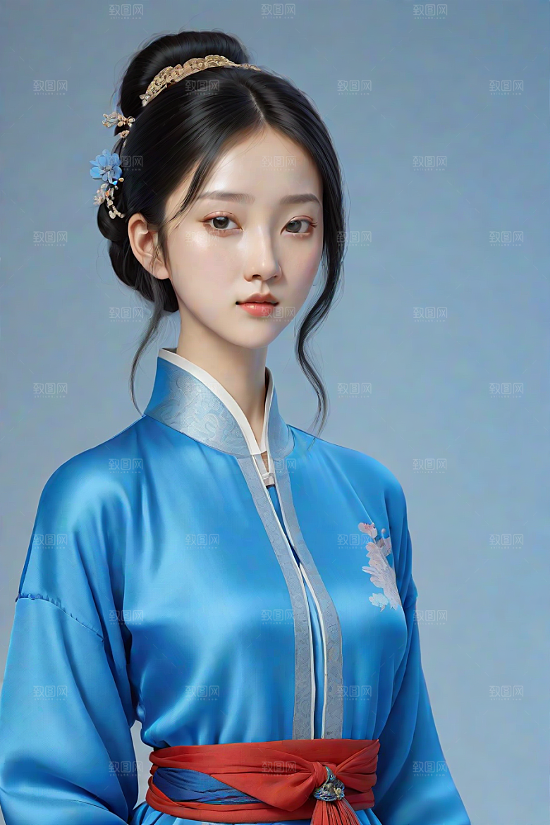 宋代风格极简主义的忧郁纯蓝服装