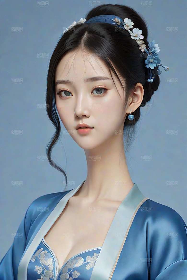 宋代风格极简主义的忧郁纯蓝服装