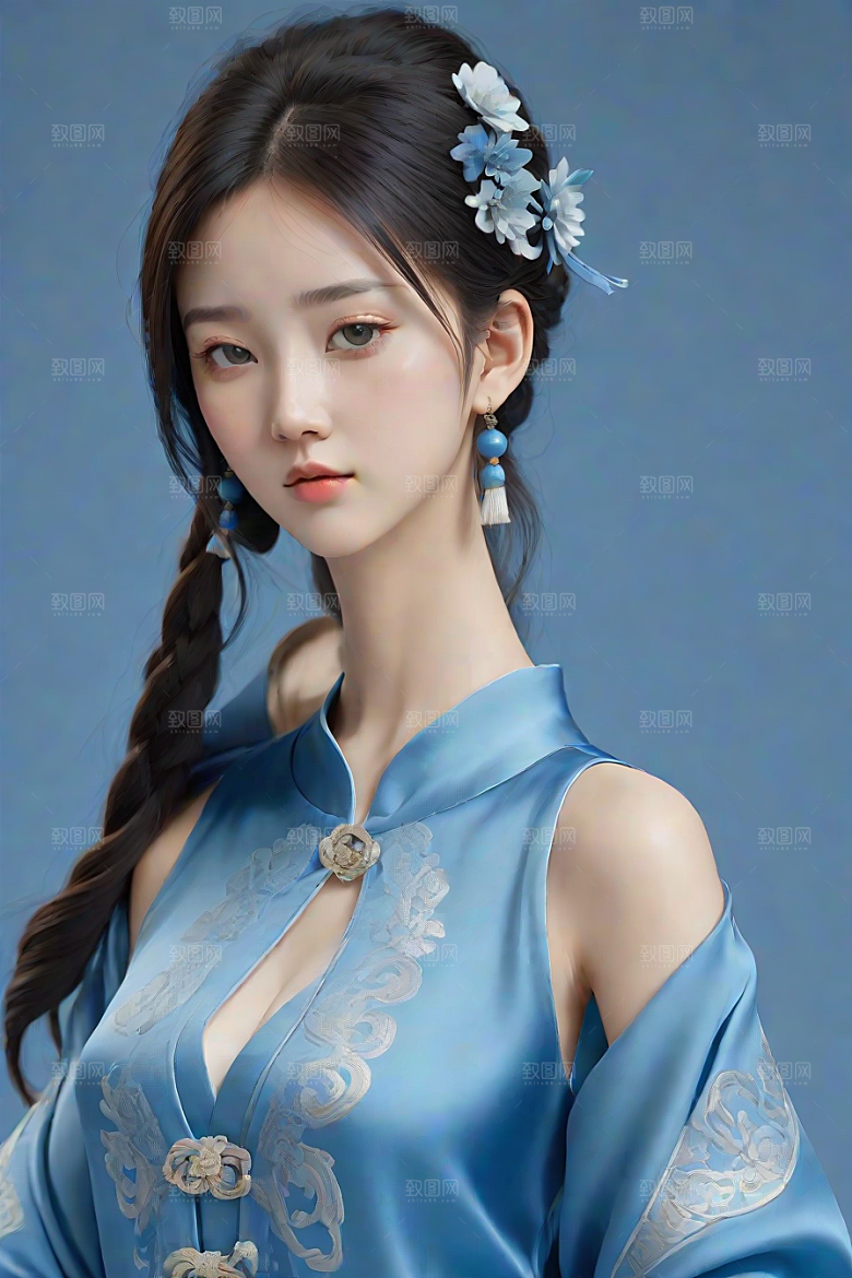 宋代风格极简主义的忧郁纯蓝服装