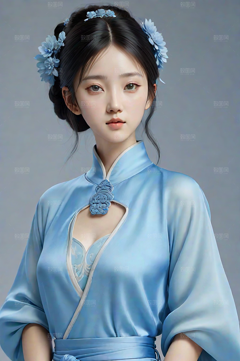 宋代风格极简主义的忧郁纯蓝服装