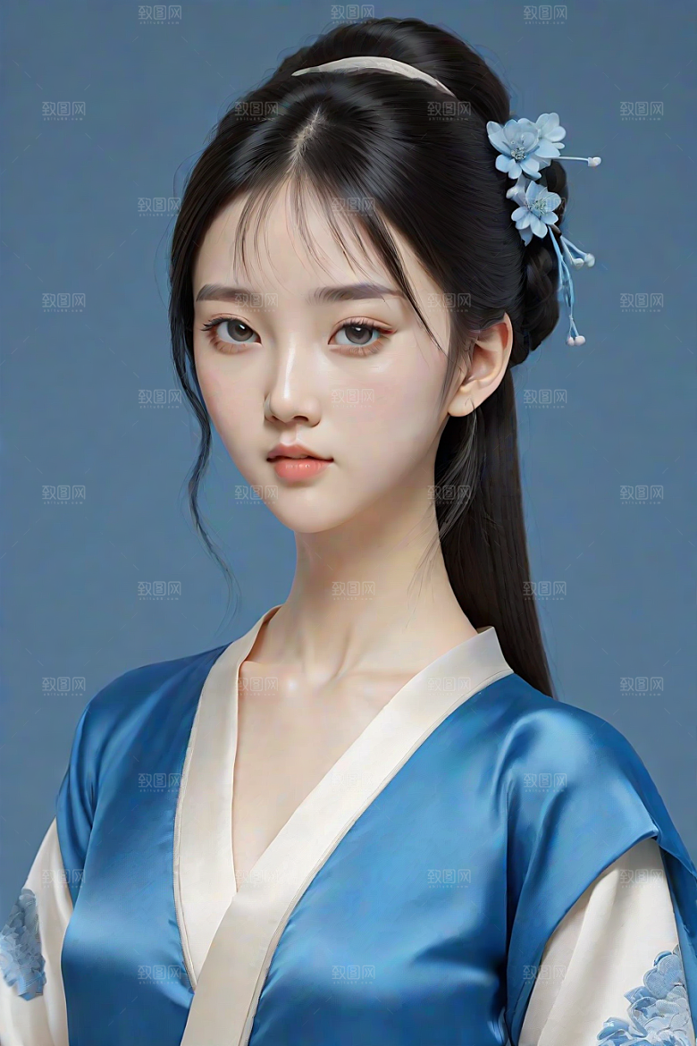 宋代风格极简主义的忧郁纯蓝服装