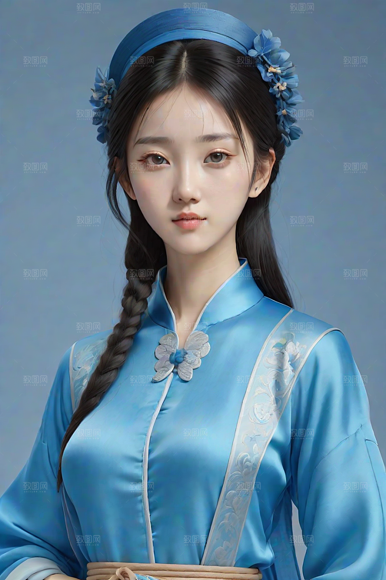 宋代风格极简主义的忧郁纯蓝服装