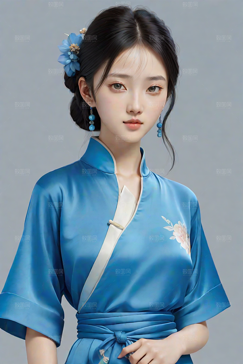 宋代风格极简主义的忧郁纯蓝服装