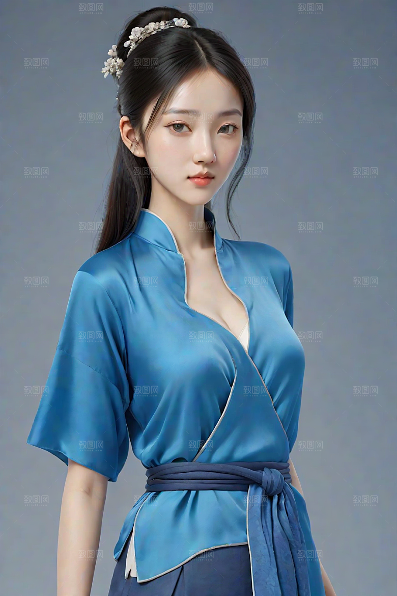 宋代风格极简主义的忧郁纯蓝服装
