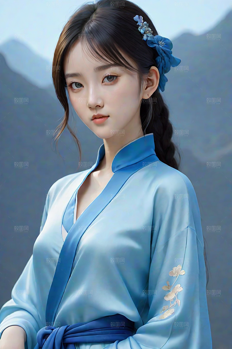 宋代风格极简主义的忧郁纯蓝服装