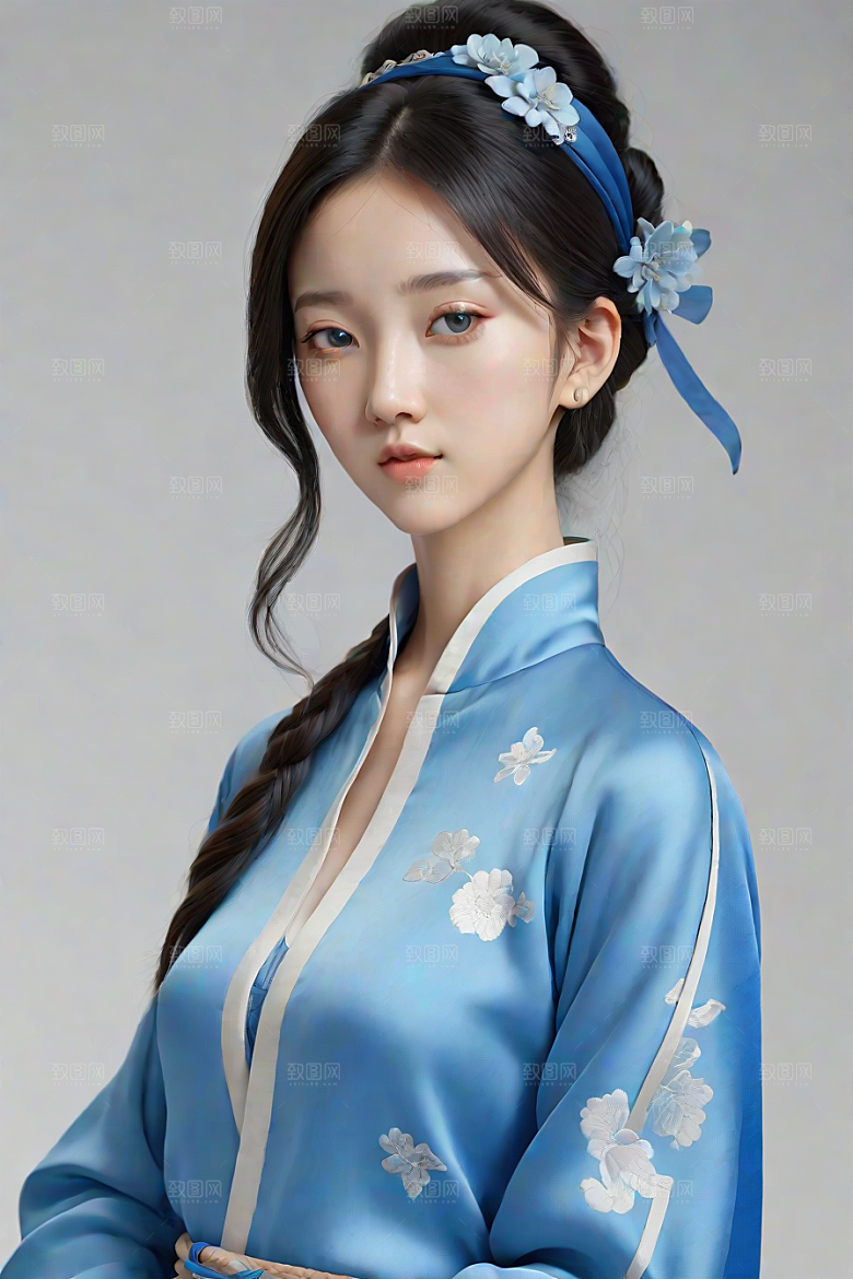 宋代风格极简主义的忧郁纯蓝服装