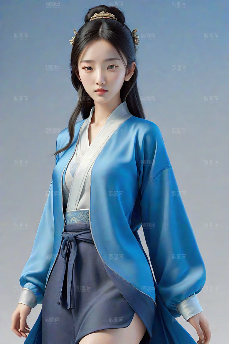 宋代风格极简主义的忧郁纯蓝服装