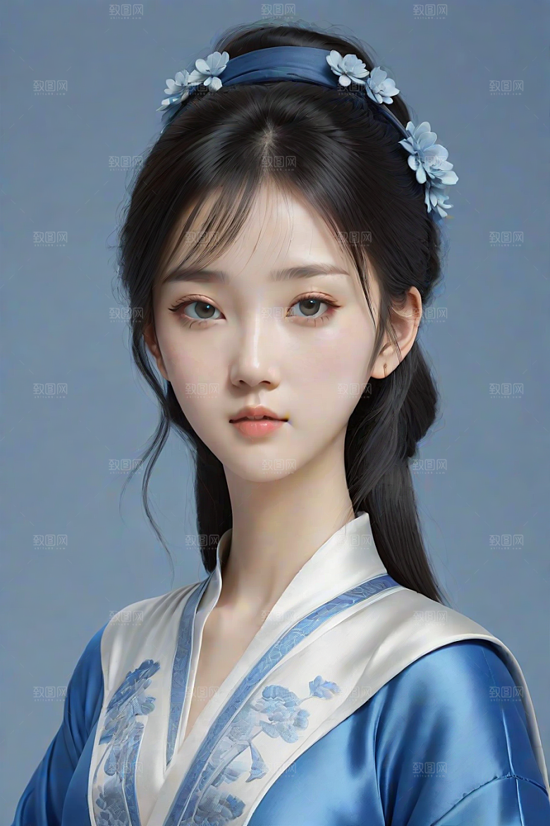 宋代风格极简主义的忧郁纯蓝服装