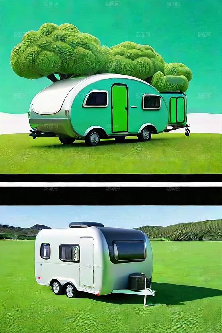 草地上的拖车和车辆梦幻视觉的