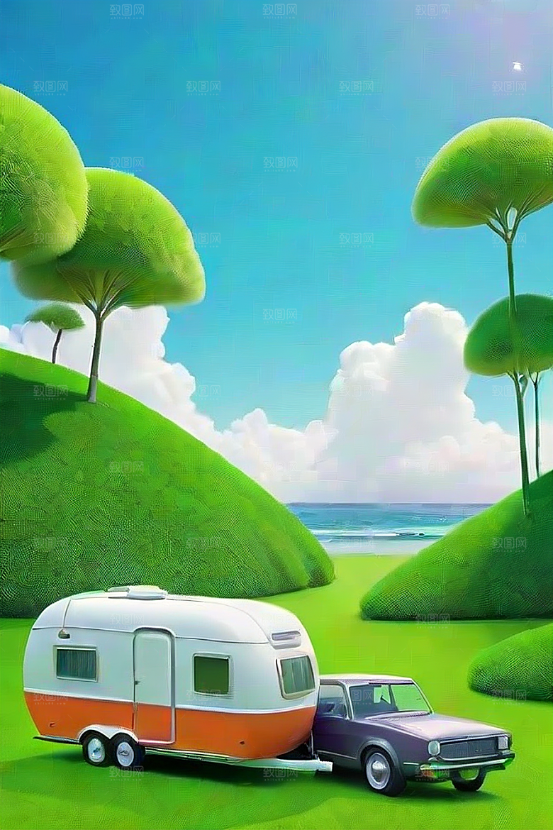 草地上的拖车和车辆梦幻视觉的