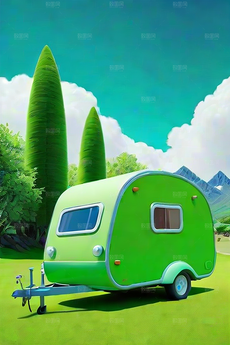 草地上的拖车和车辆明亮色彩的