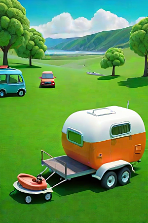 草地上的拖车和车辆明亮色彩的