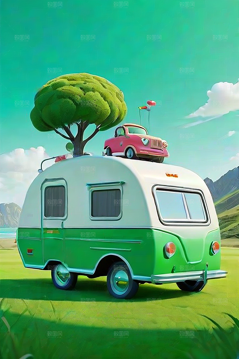 草地上的拖车和车辆梦幻视觉