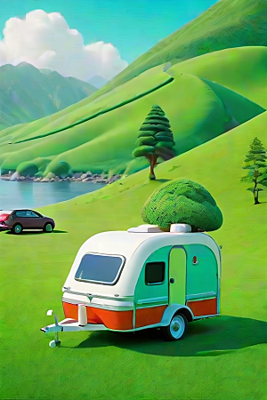 可爱卡通风格草地上的拖车和车辆