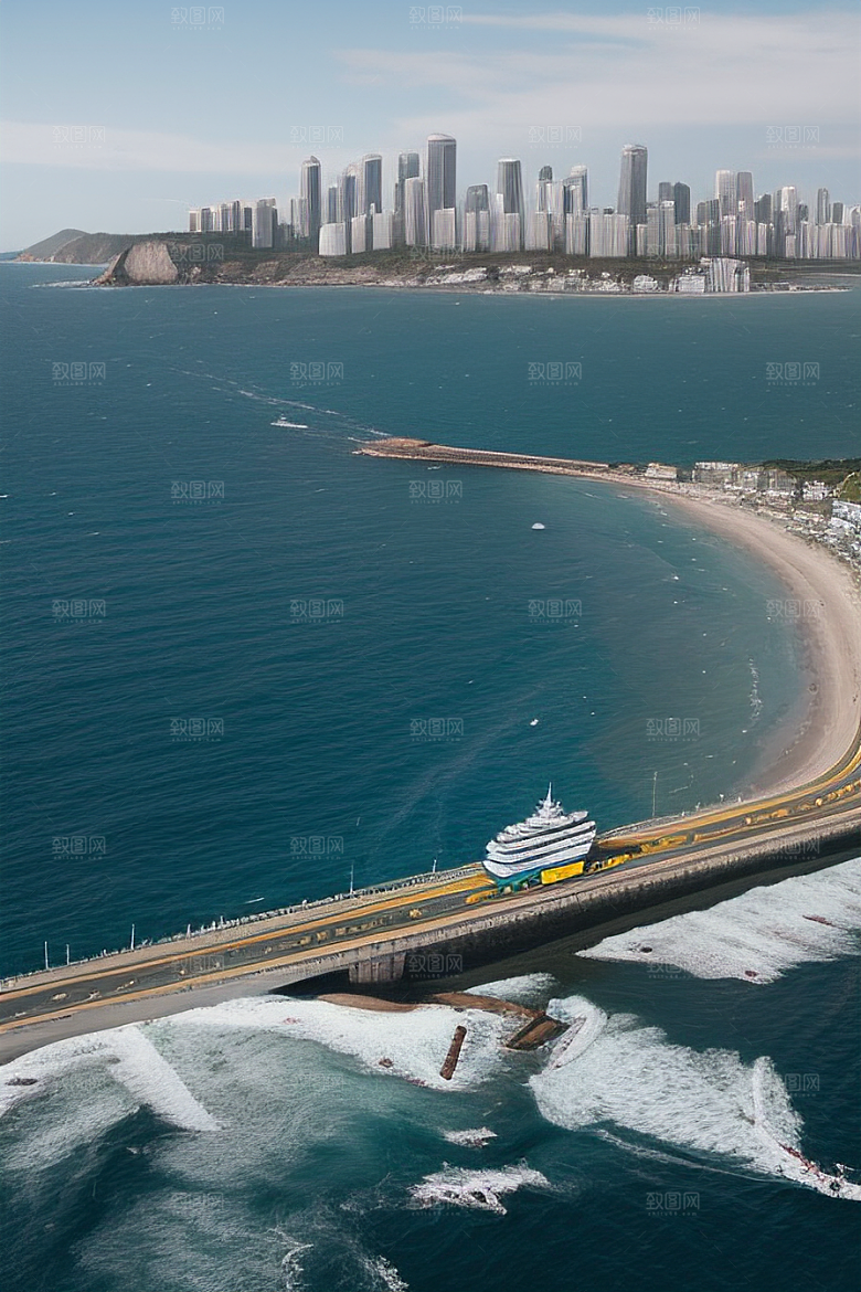 蓝海奇观汽车船只与建筑的激情场景