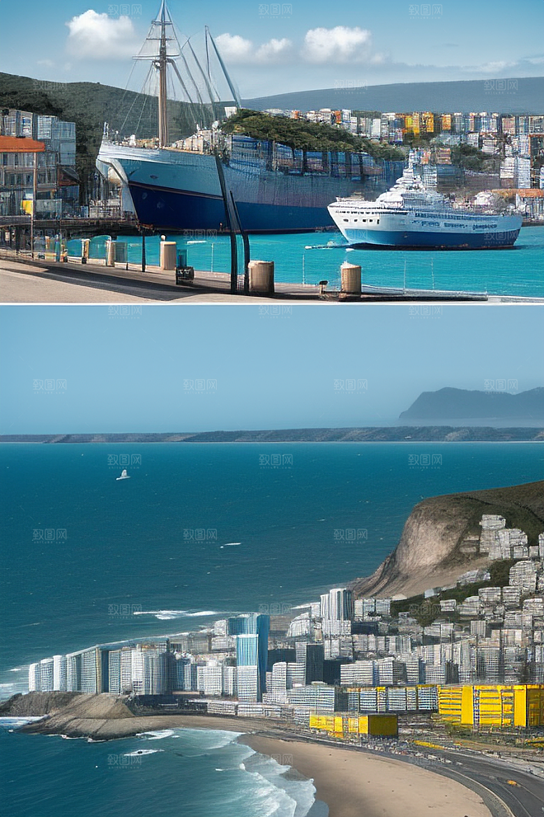 蓝海奇观汽车船只与建筑的激情场景