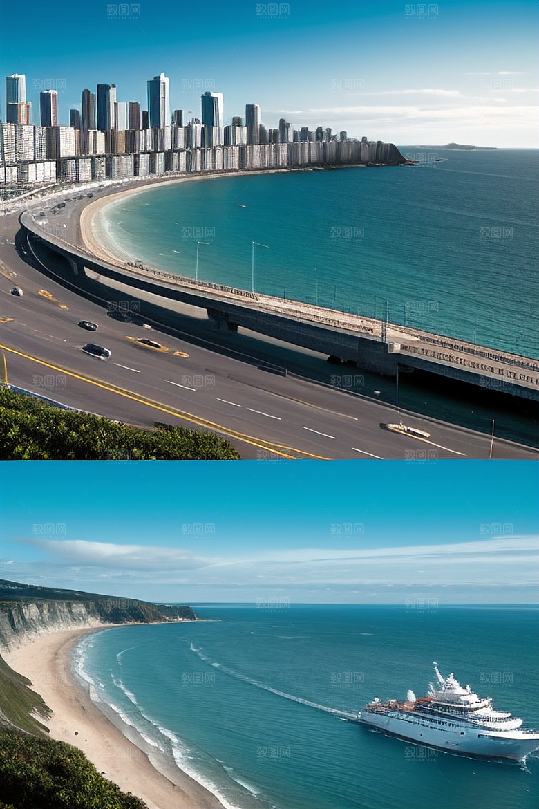 蓝海奇观汽车船只与建筑的激情场景