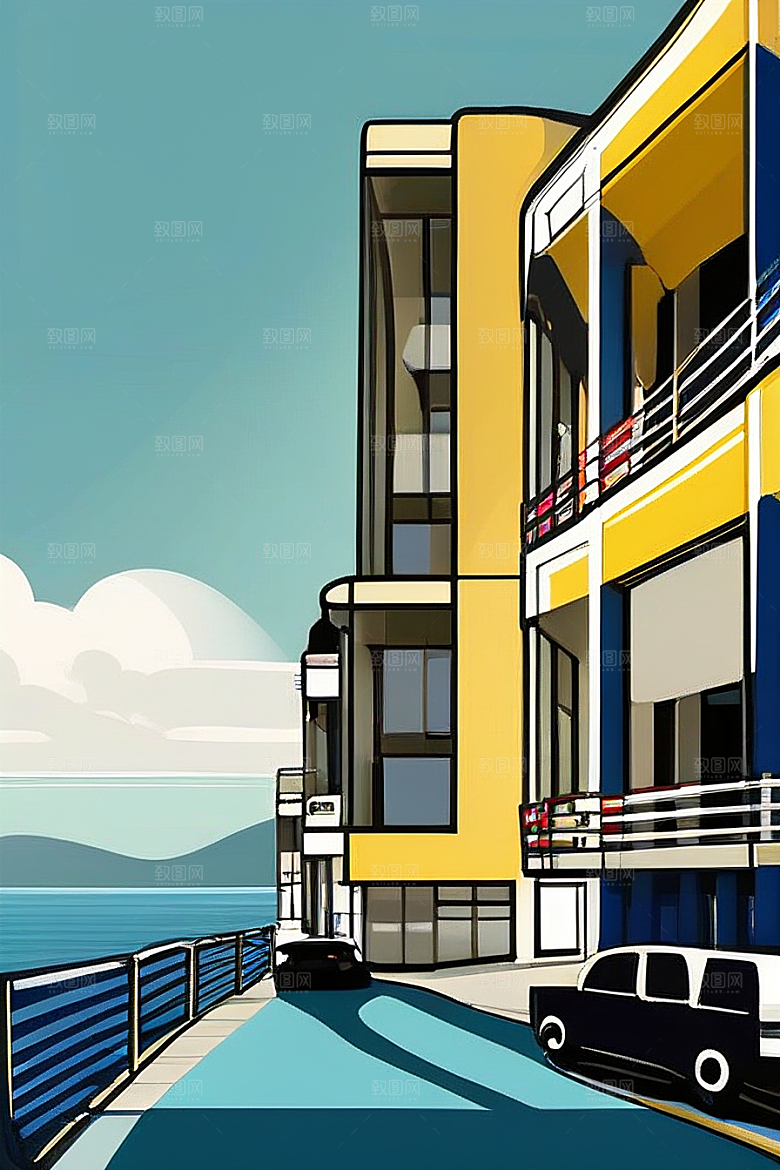 蓝海奇观汽车船只与建筑的激情场景