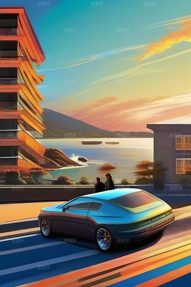 蓝海奇观汽车船只与建筑的激情场景