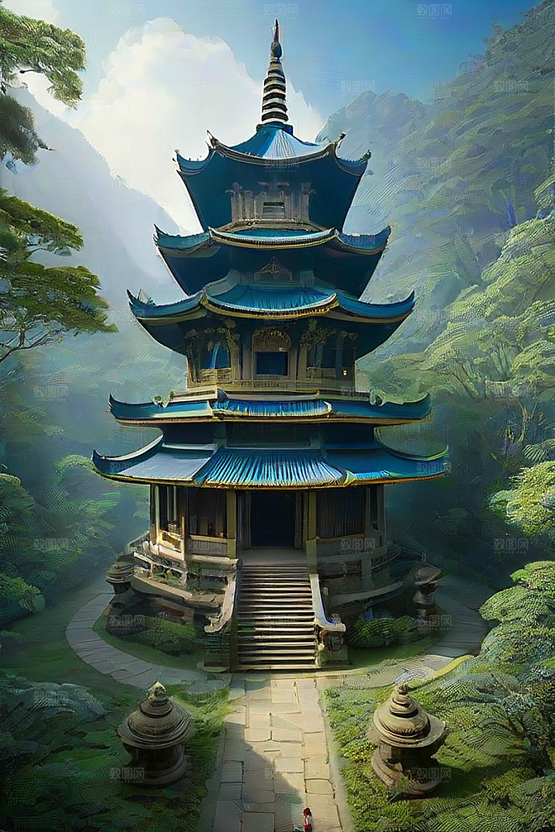 蓝天翠绿与金色的庙宇之美