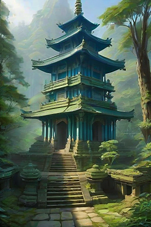 蓝天翠绿与金色的庙宇之美