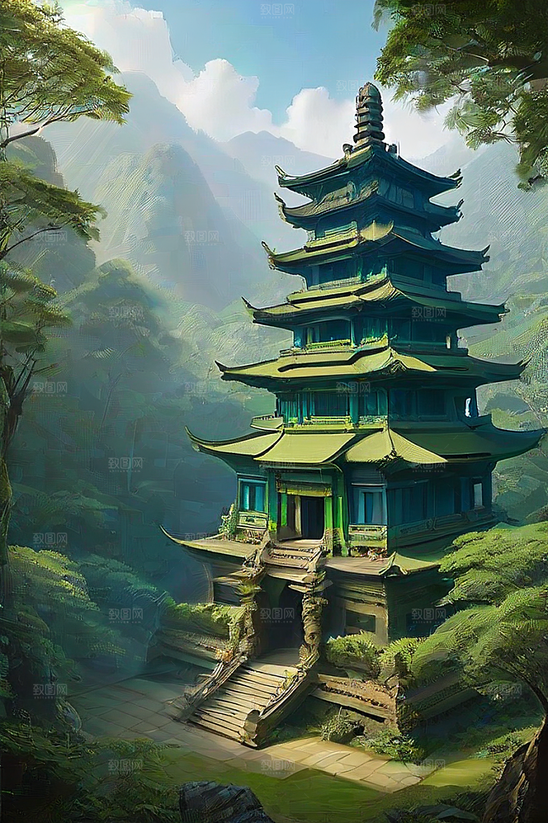 蓝天翠绿与金色的庙宇之美