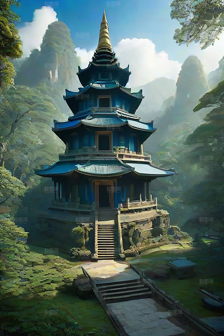 蓝天翠绿与金色的庙宇之美