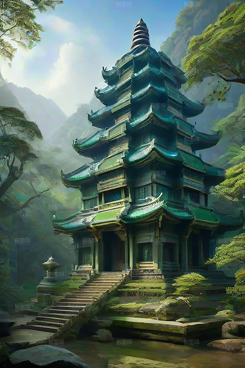 蓝天翠绿与金色的庙宇之美