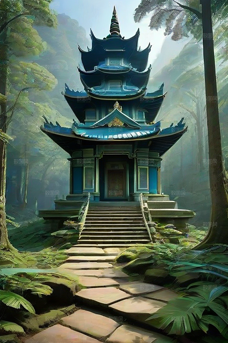 蓝天翠绿与金色的庙宇之美