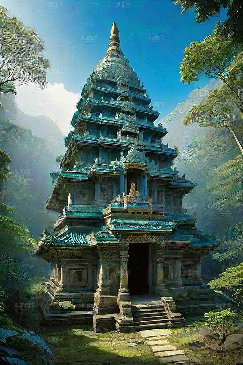 蓝天翠绿与金色的庙宇之美