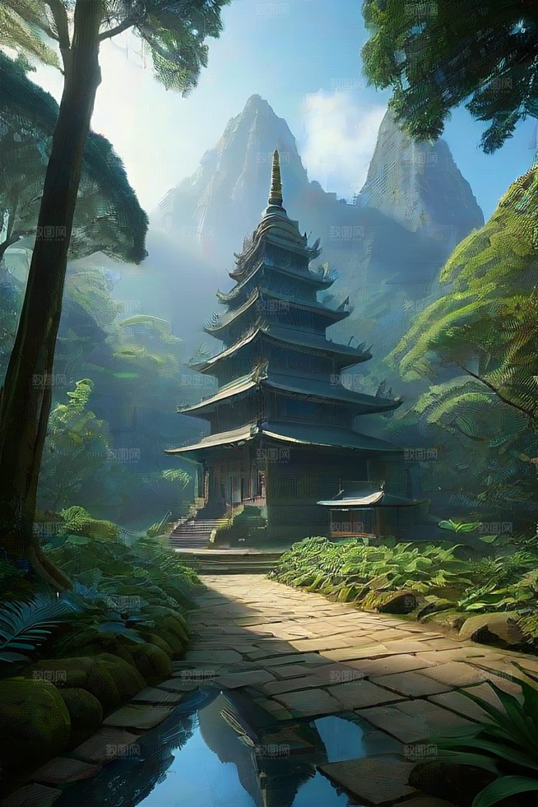 蓝天翠绿与金色的庙宇之美