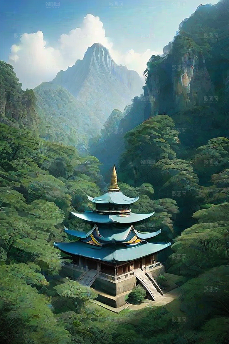 蓝天翠绿与金色的庙宇之美