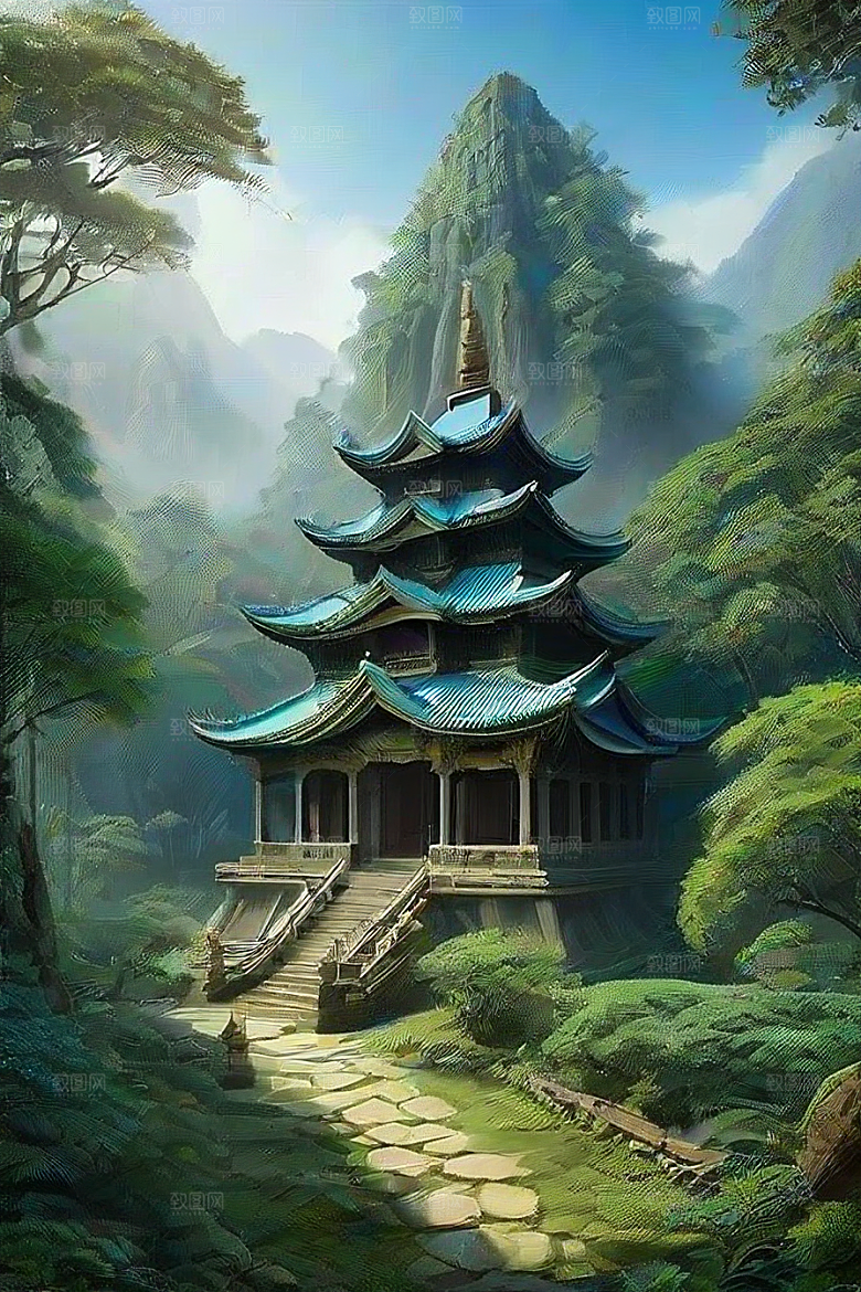蓝天翠绿与金色的庙宇之美