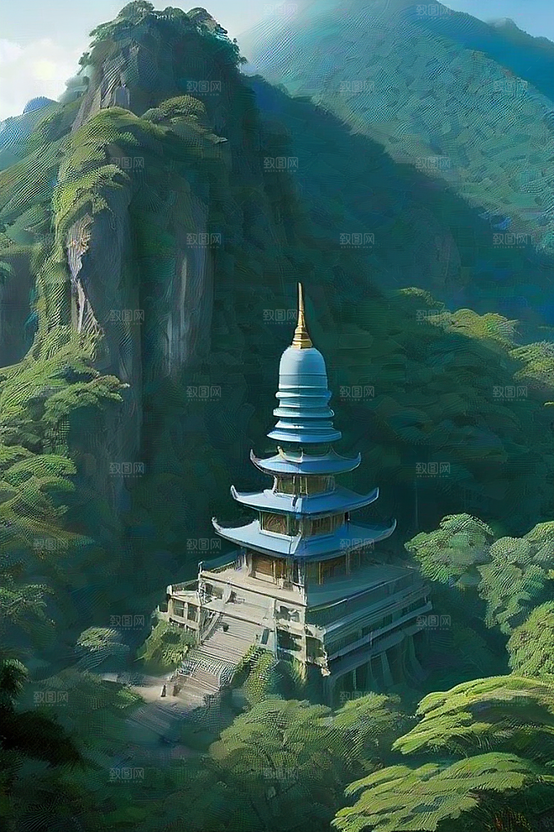 蓝天翠绿与金色的庙宇之美