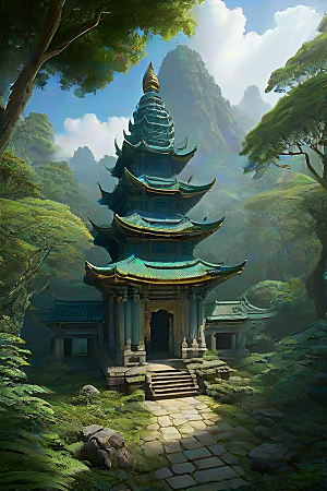 蓝天翠绿与金色的庙宇之美
