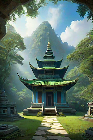 蓝天翠绿与金色的庙宇之美