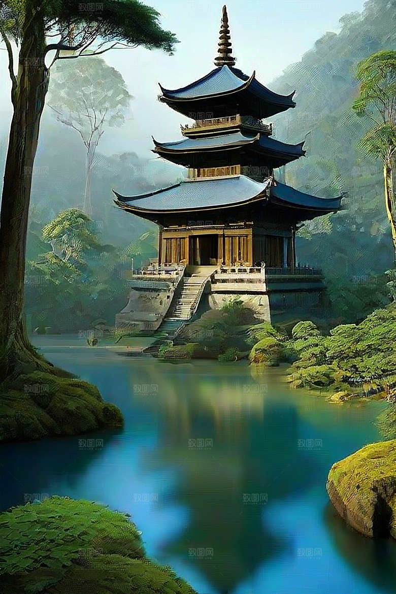 蓝天翠绿与金色的庙宇之美
