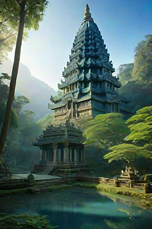 蓝天翠绿与金色的庙宇之美