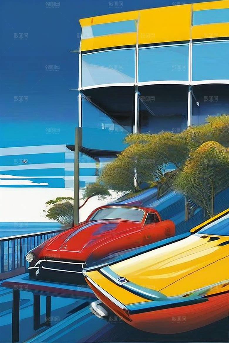 蓝海奇遇汽车船只与建筑的激情场景