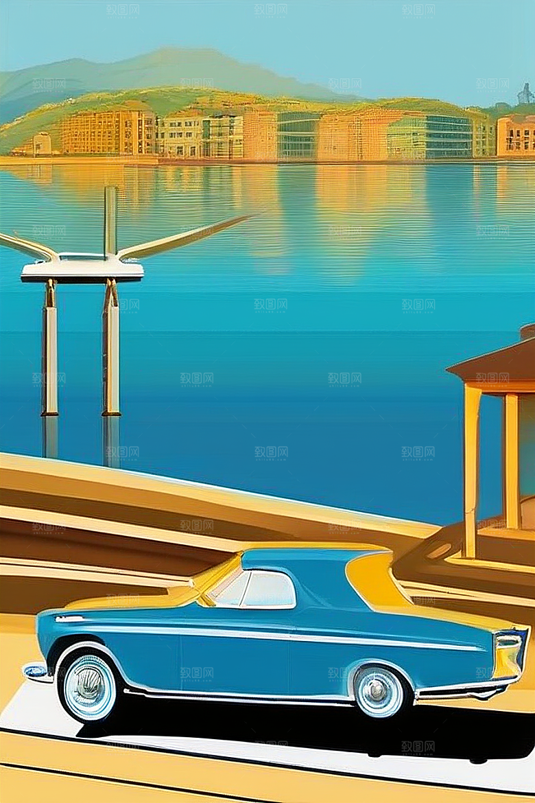 蓝海奇遇汽车船只与建筑的激情场景