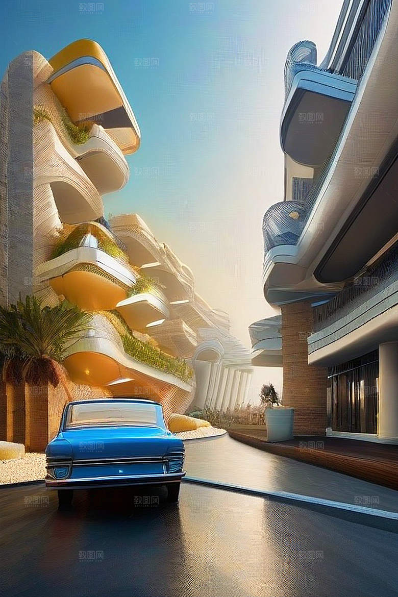 蓝海奇遇汽车船只与建筑的激情场景
