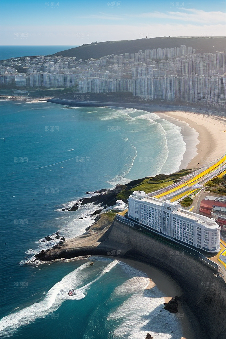 海滨风情汽车船只与建筑的激情交织
