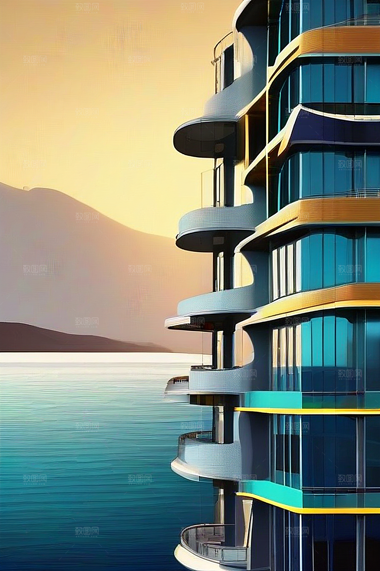 海滨奇观蓝海黄昏与现代建筑的完美交汇