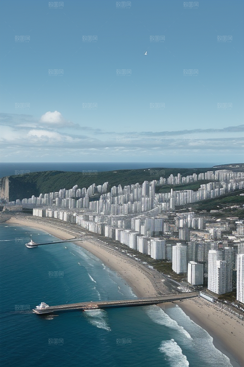 海滨奇观蓝海黄昏与现代建筑的完美交汇