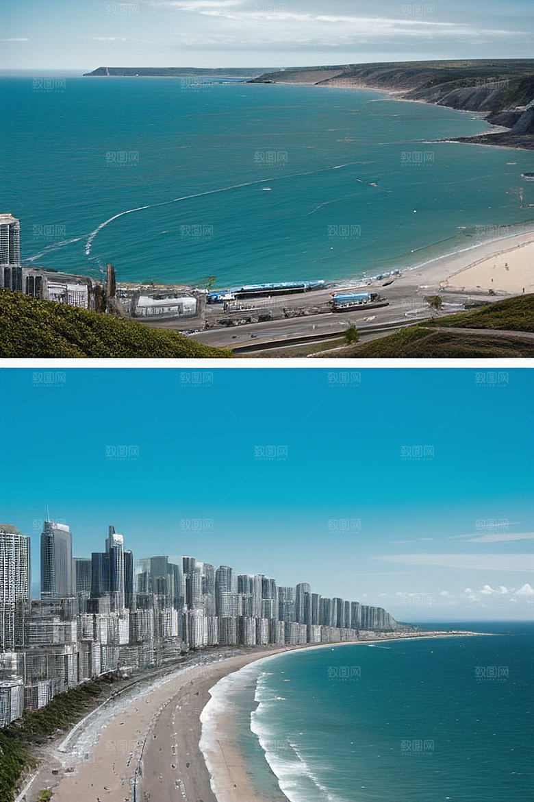 海滨奇观蓝海黄昏与现代建筑的完美交汇
