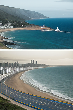 蓝海奇观汽车船只与建筑的激情场景