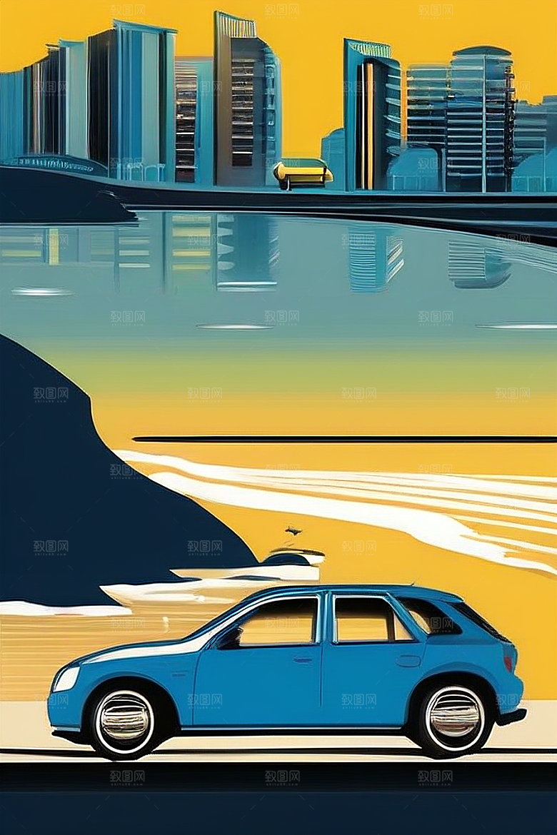 蓝海奇观汽车船只与建筑的激情场景