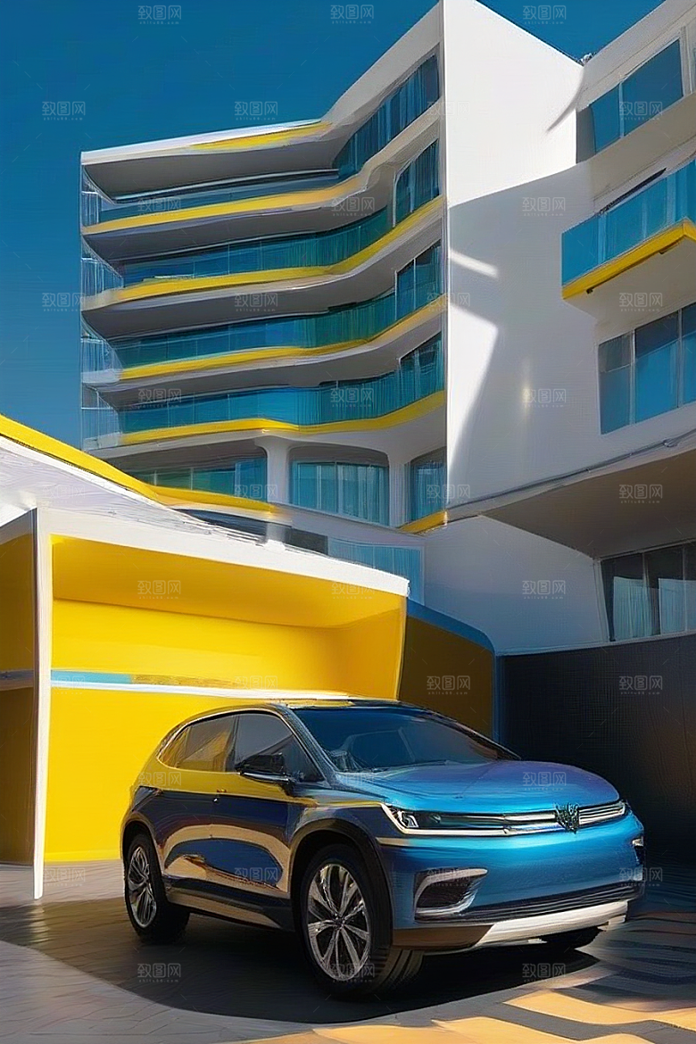蓝海奇观汽车船只与建筑的激情场景